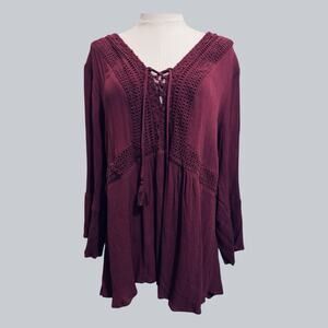 Torrid Babydoll Gauze Crochet Trim Lace Up Tunic Top Burgundy Boho Plus Size 3X